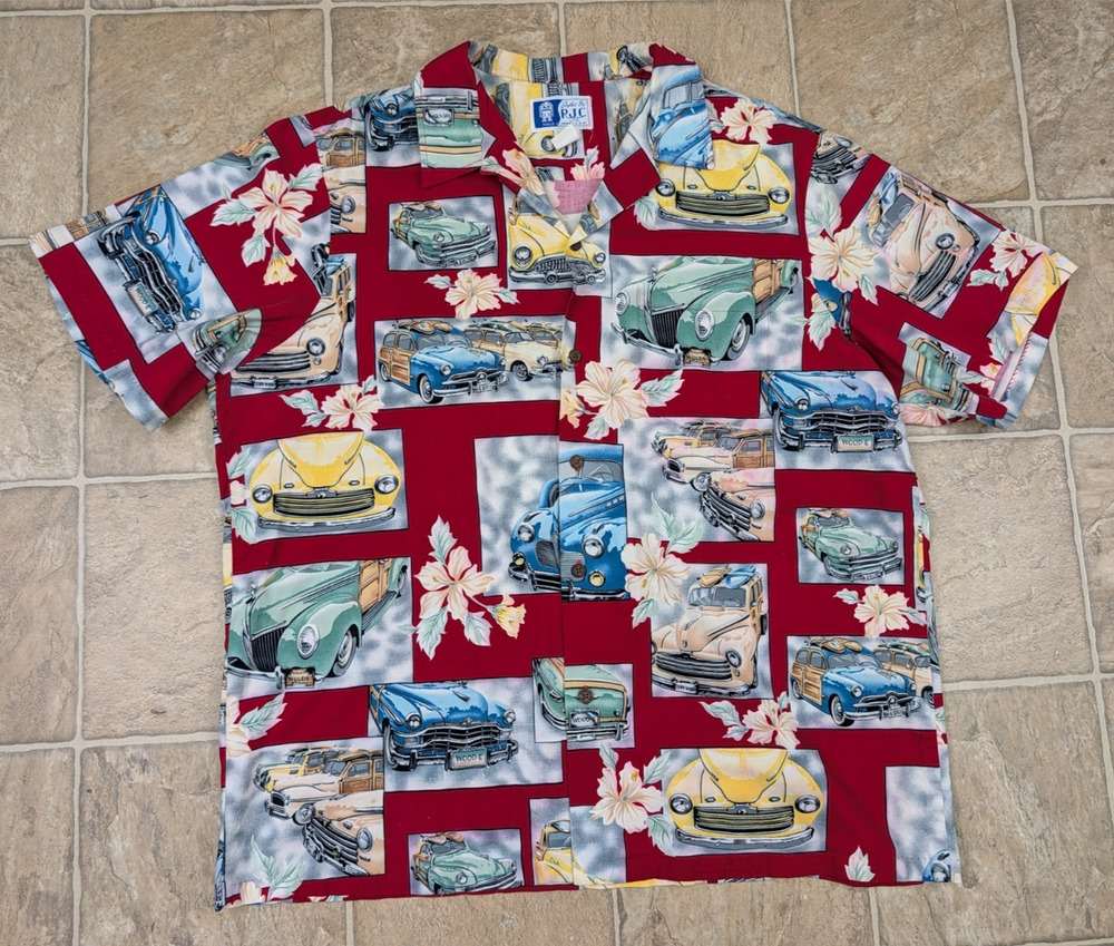 Classic Woodie Cars Vintage RJC sz 2XL Hawaiian Shirt ss buttons USA cotton 0807